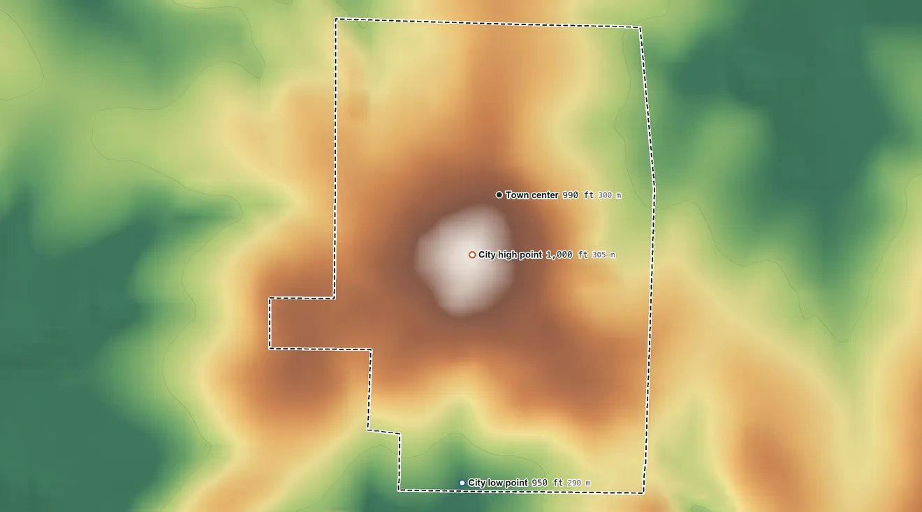 Topographic elevation map of Alba, Missouri, shaded from 950 ft on the south side to 1,000 ft on the southwest side
