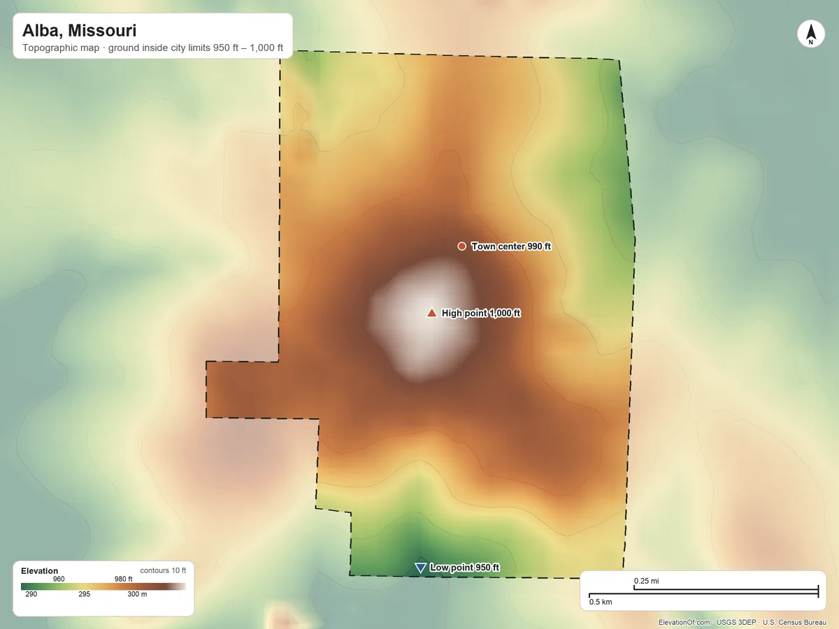 Topographic elevation map of Alba, Missouri, shaded from 950 ft on the south side to 1,000 ft on the southwest side