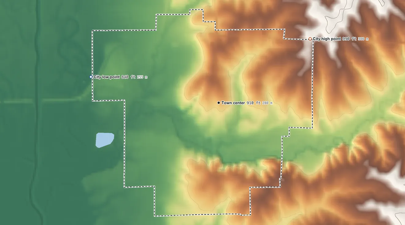 Topographic elevation map of Albany, Missouri, shaded from 840 ft on the west side to 990 ft on the northeast side