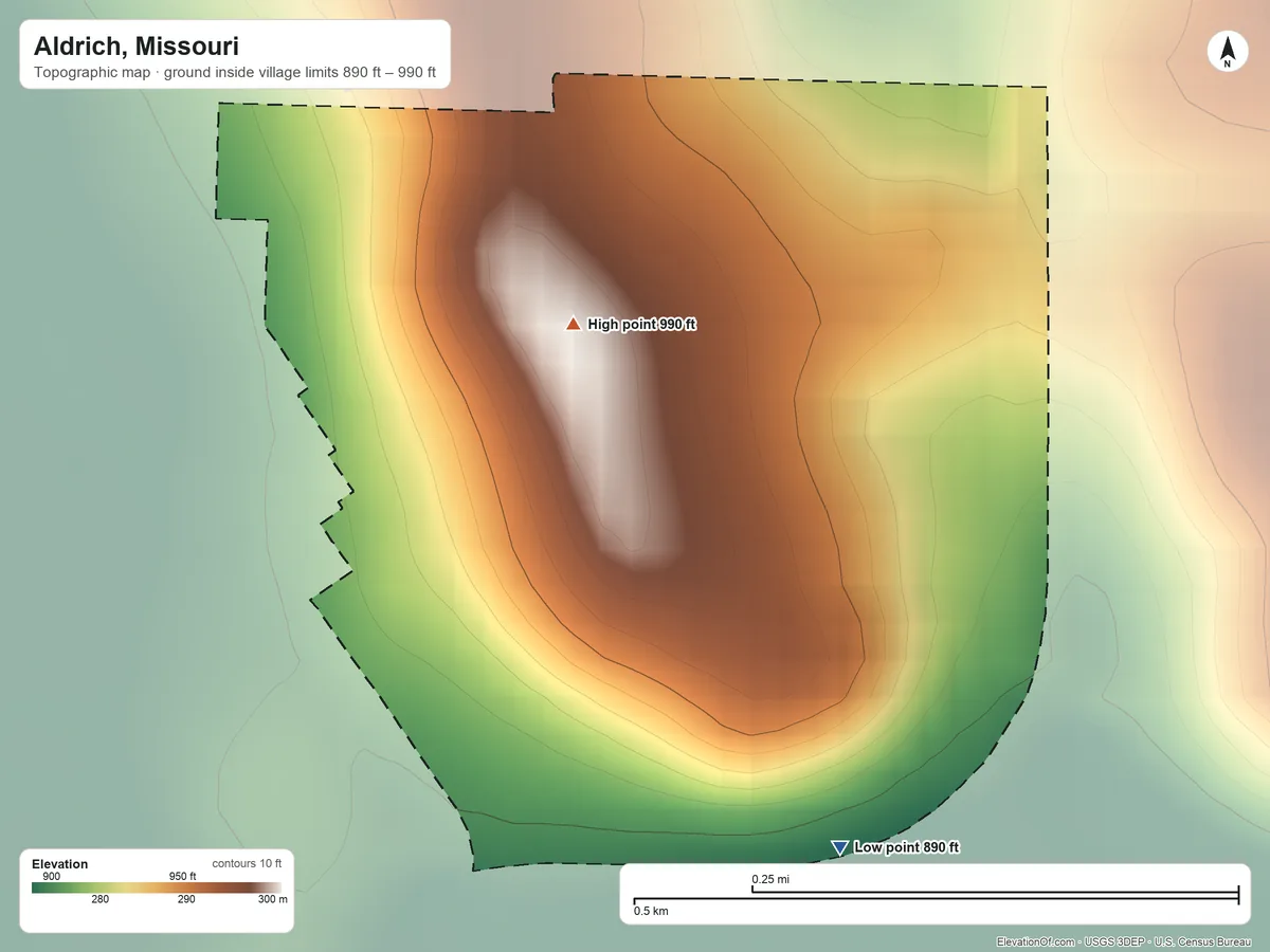 Topographic elevation map of Aldrich, Missouri, shaded from 890 ft on the southeast side to 990 ft near the middle
