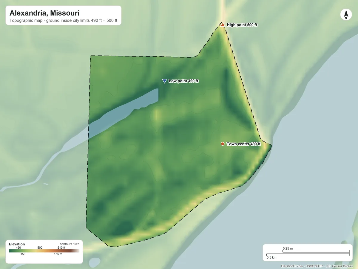 Topographic elevation map of Alexandria, Missouri, shaded from 490 ft on the northwest side to 500 ft on the north side