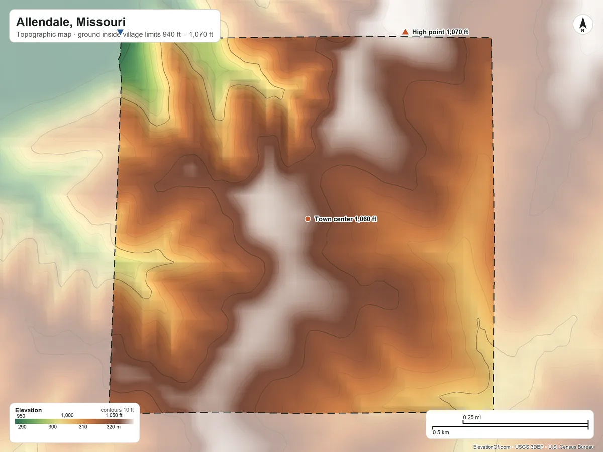 Topographic elevation map of Allendale, Missouri, shaded from 940 ft on the northwest side to 1,070 ft on the northeast side