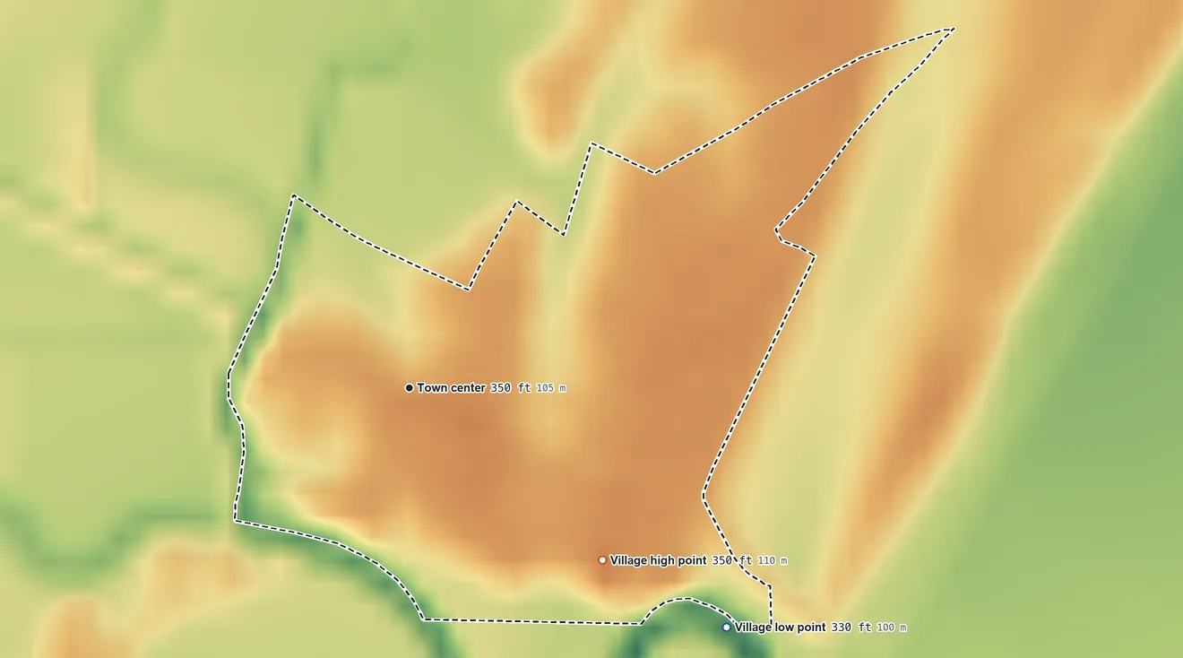 Topographic elevation map of Allenville, Missouri, shaded from 330 ft on the southeast side to 350 ft on the southeast side