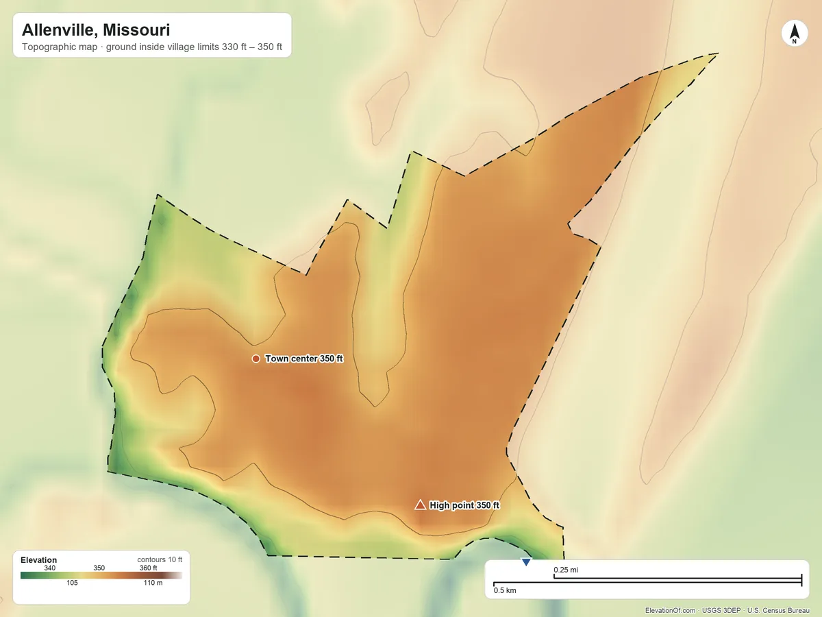 Topographic elevation map of Allenville, Missouri, shaded from 330 ft on the southeast side to 350 ft on the southeast side