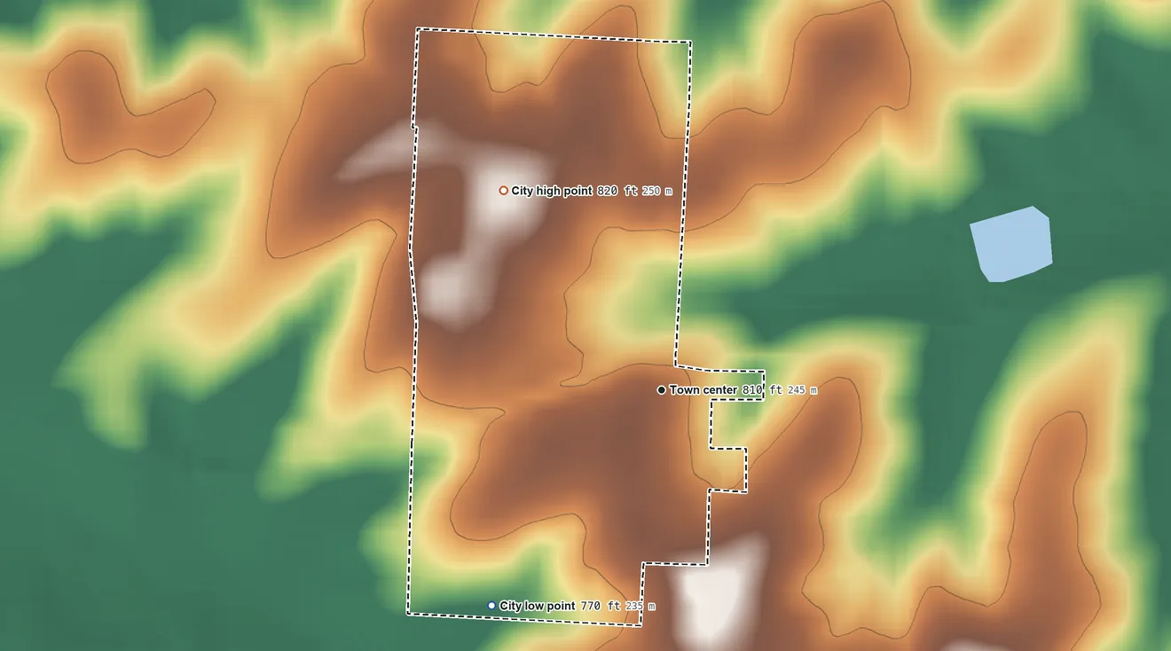 Topographic elevation map of Alma, Missouri, shaded from 770 ft on the southwest side to 820 ft on the northwest side
