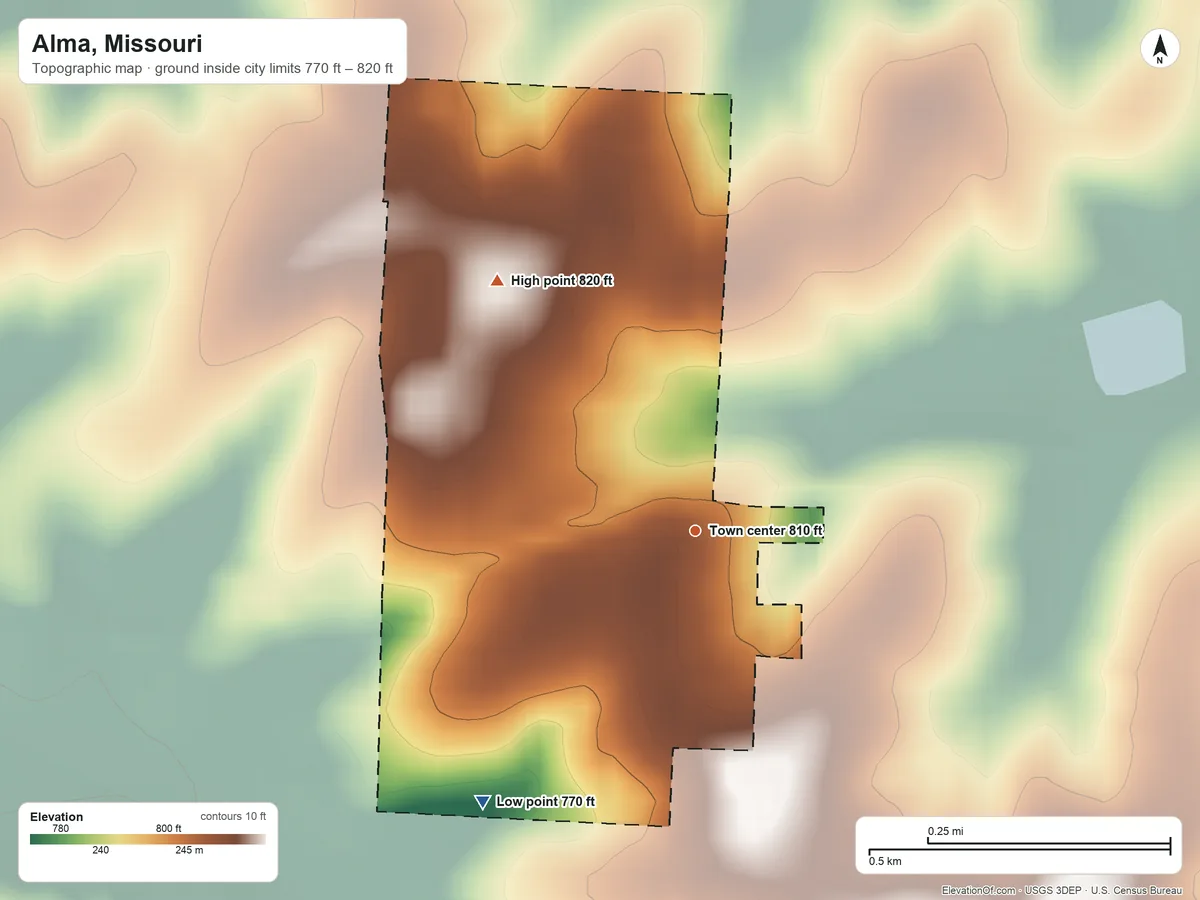 Topographic elevation map of Alma, Missouri, shaded from 770 ft on the southwest side to 820 ft on the northwest side