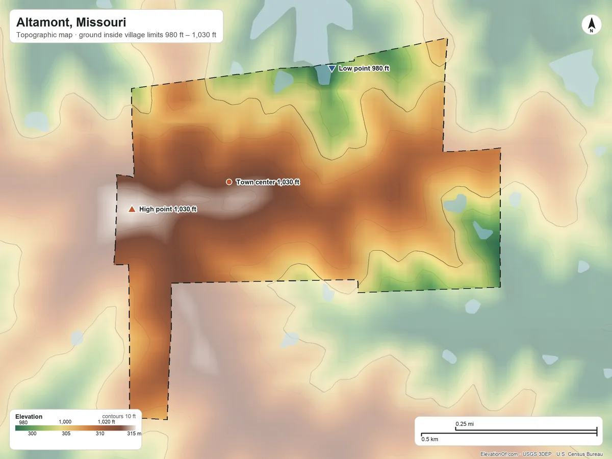 Topographic elevation map of Altamont, Missouri, shaded from 980 ft on the northeast side to 1,030 ft on the west side