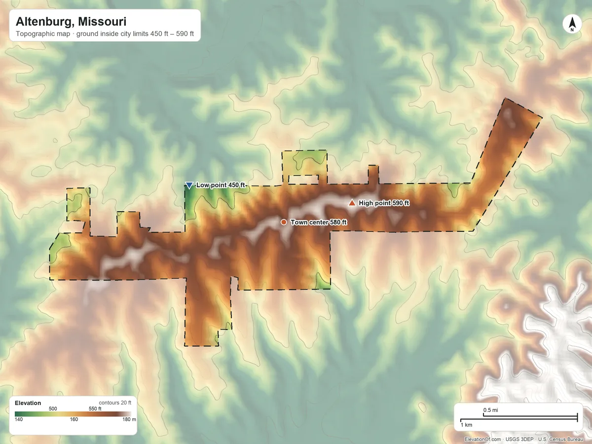 Topographic elevation map of Altenburg, Missouri, shaded from 450 ft on the west side to 590 ft on the east side