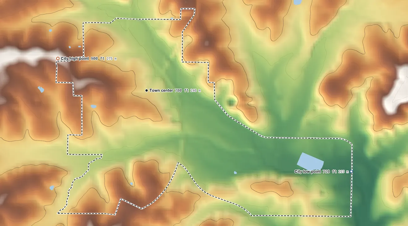 Topographic elevation map of Alton, Missouri, shaded from 710 ft on the east side to 900 ft on the west side