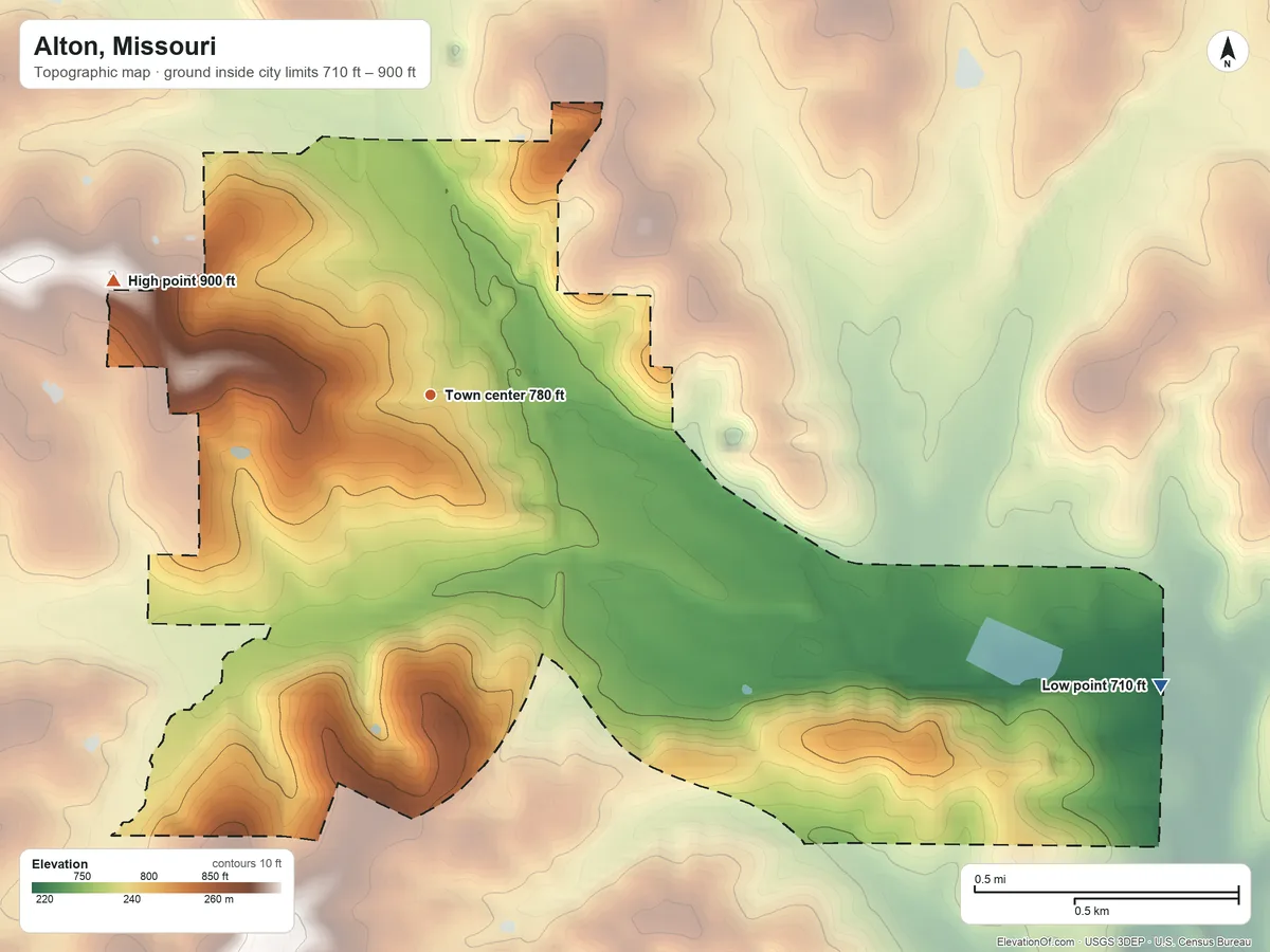 Topographic elevation map of Alton, Missouri, shaded from 710 ft on the east side to 900 ft on the west side