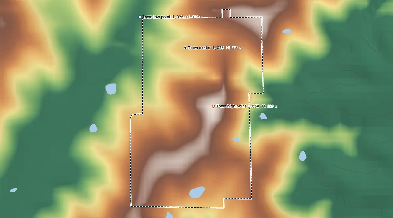 Topographic elevation map of Amity, Missouri, shaded from 1,020 ft on the northwest side to 1,050 ft on the southeast side