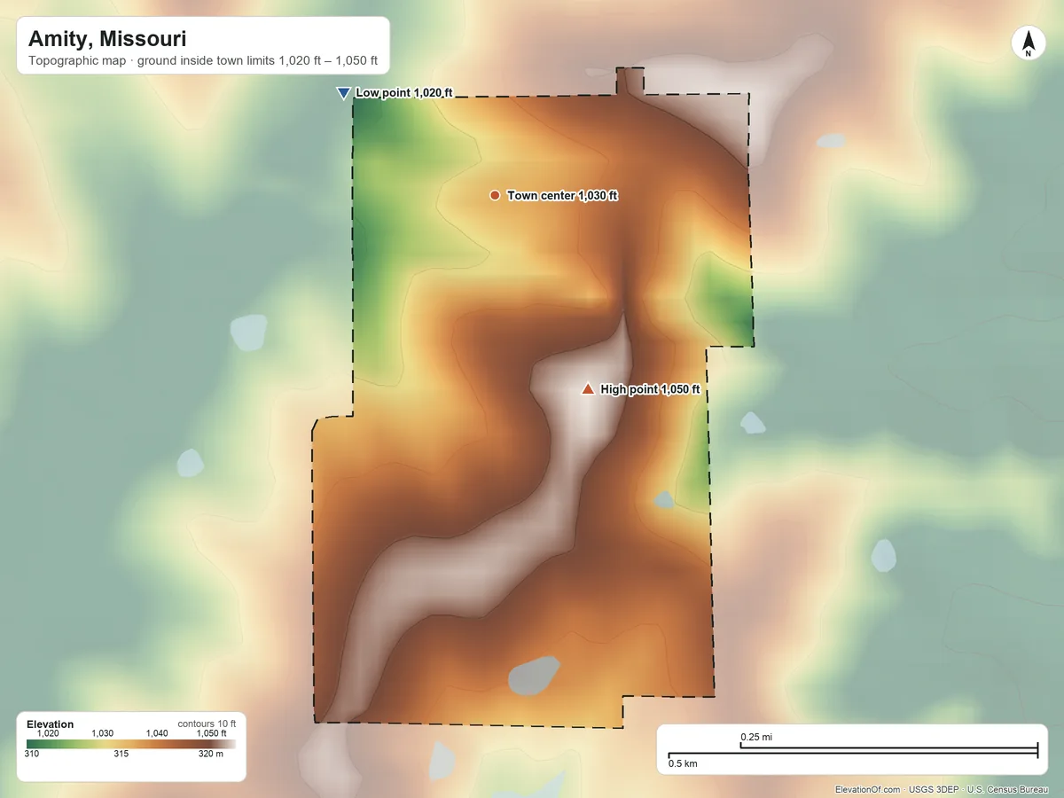 Topographic elevation map of Amity, Missouri, shaded from 1,020 ft on the northwest side to 1,050 ft on the southeast side