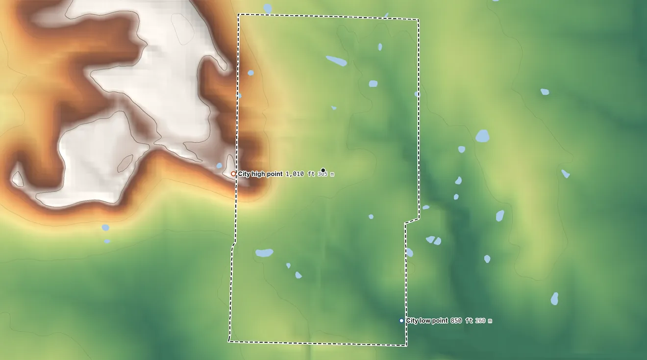 Topographic elevation map of Amsterdam, Missouri, shaded from 850 ft on the southeast side to 1,010 ft on the west side
