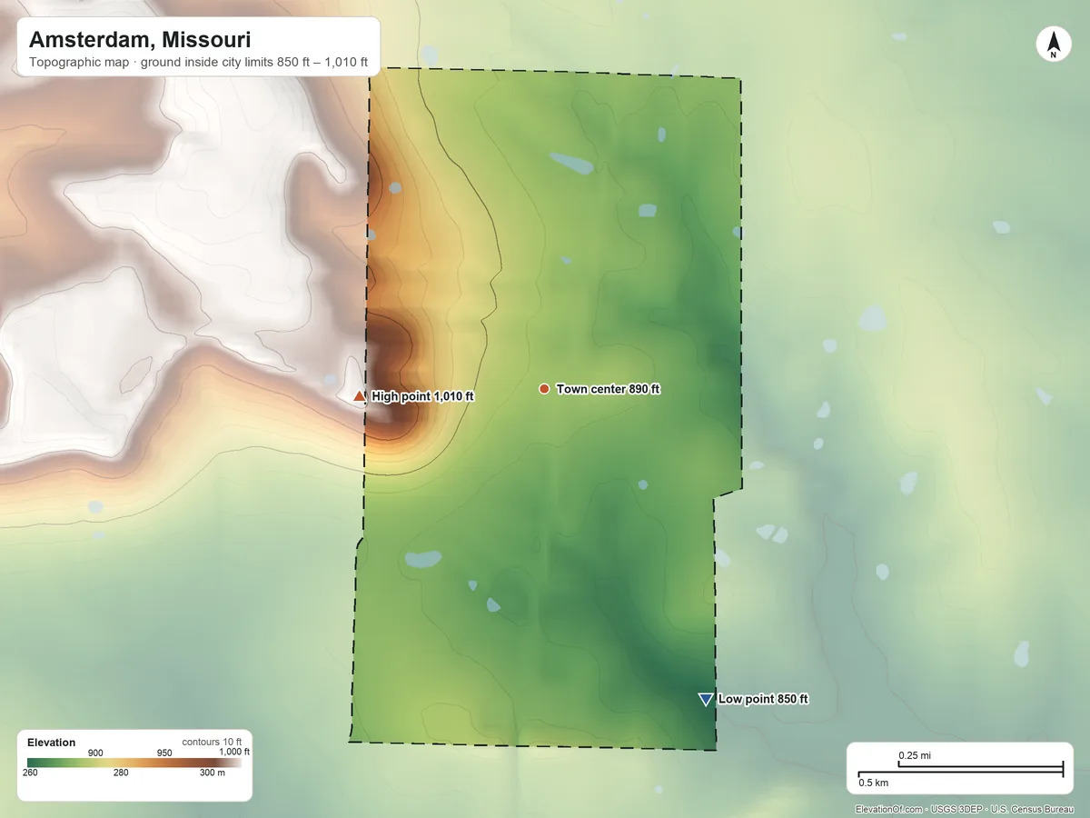 Topographic elevation map of Amsterdam, Missouri, shaded from 850 ft on the southeast side to 1,010 ft on the west side