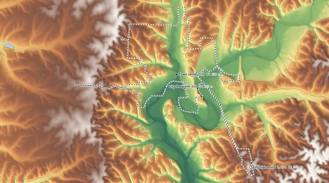 Topographic elevation map of Anderson, Missouri, shaded from 860 ft near the middle to 1,170 ft on the southeast side