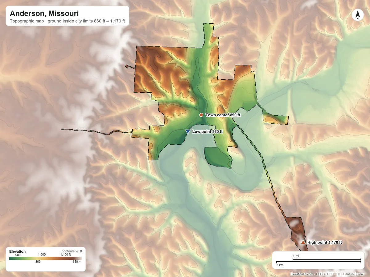 Topographic elevation map of Anderson, Missouri, shaded from 860 ft near the middle to 1,170 ft on the southeast side