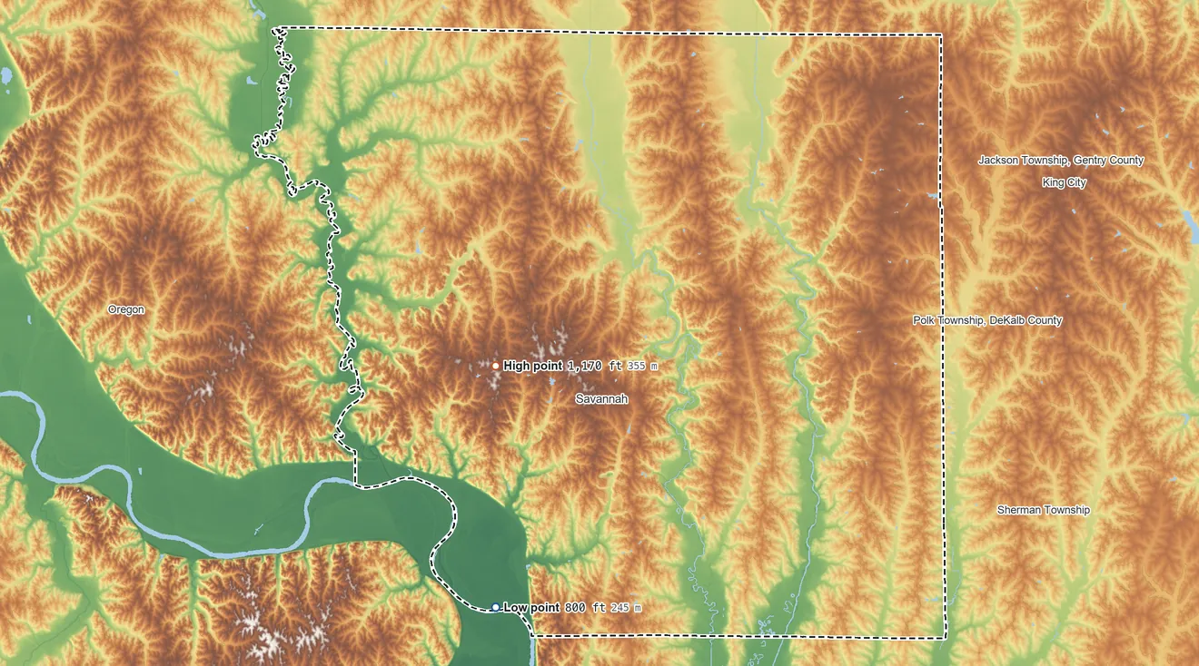 Topographic elevation map of Andrew County, Missouri, shaded from 800 ft on the south side to 1,170 ft on the west side