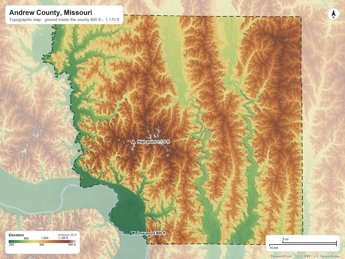 Topographic elevation map of Andrew County, Missouri, shaded from 800 ft on the south side to 1,170 ft on the west side