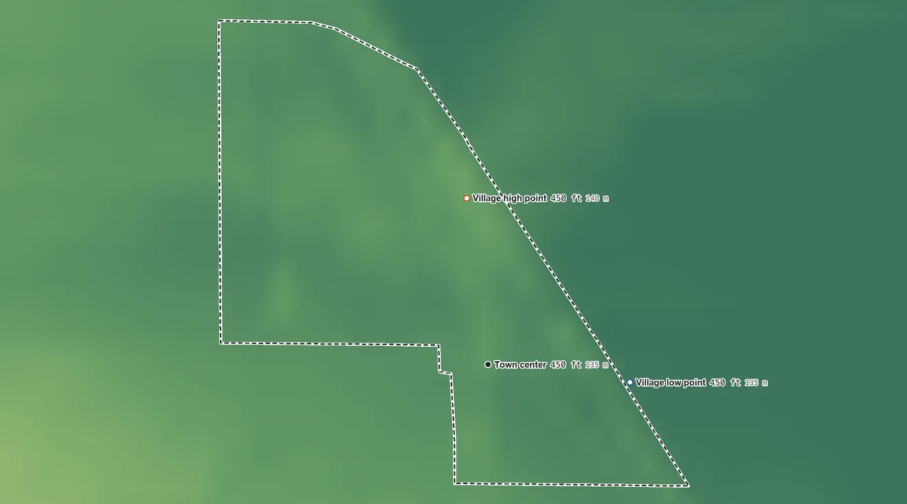 Topographic elevation map of Annada, Missouri, shaded from 450 ft on the east side to 450 ft at the foot of the Cooper Knobs