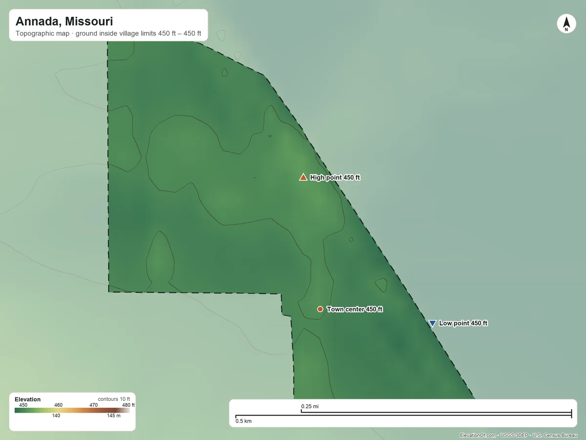 Topographic elevation map of Annada, Missouri, shaded from 450 ft on the east side to 450 ft at the foot of the Cooper Knobs