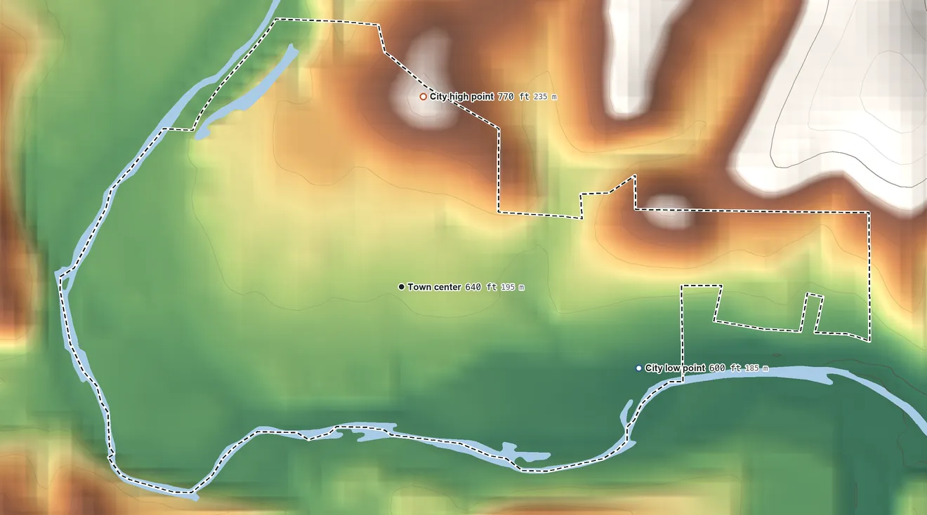 Topographic elevation map of Annapolis, Missouri, shaded from 600 ft on the east side to 770 ft on the north side