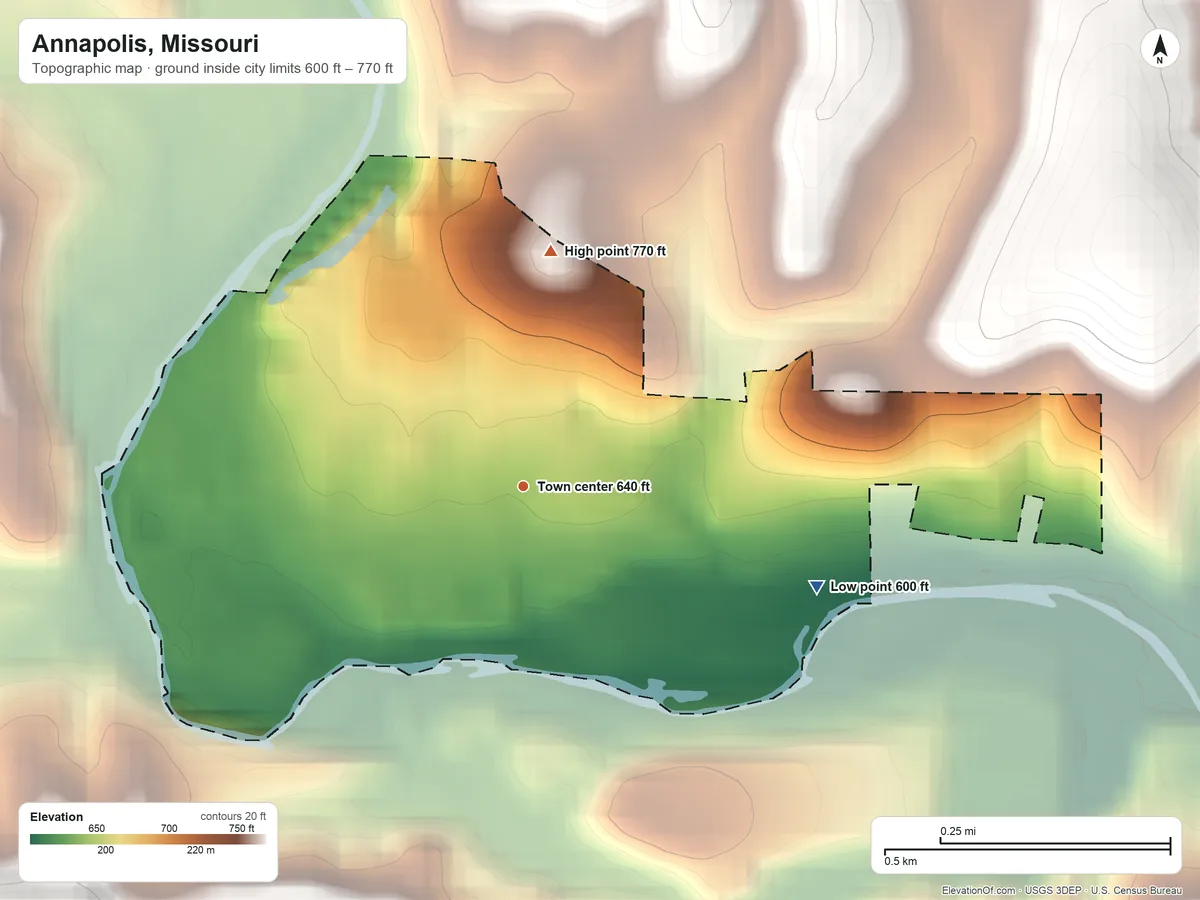 Topographic elevation map of Annapolis, Missouri, shaded from 600 ft on the east side to 770 ft on the north side