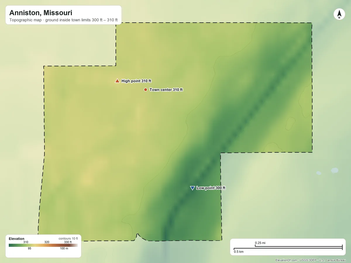 Topographic elevation map of Anniston, Missouri, shaded from 300 ft on the southeast side to 310 ft near the middle
