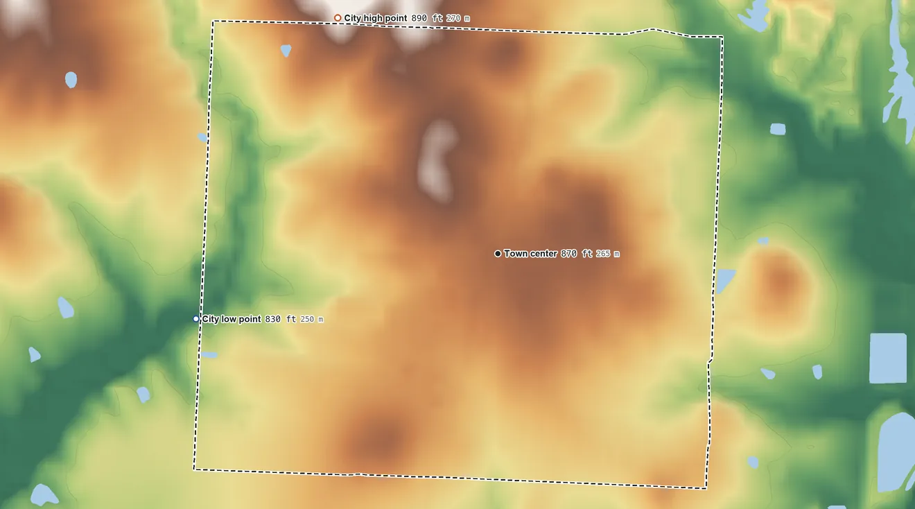 Topographic elevation map of Appleton City, Missouri, shaded from 830 ft on the west side to 890 ft on the northwest side
