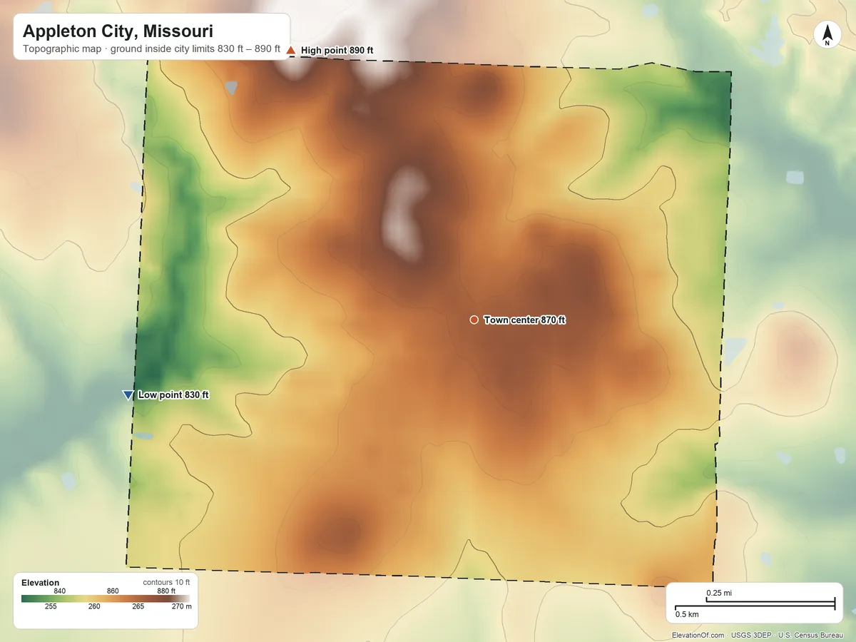 Topographic elevation map of Appleton City, Missouri, shaded from 830 ft on the west side to 890 ft on the northwest side