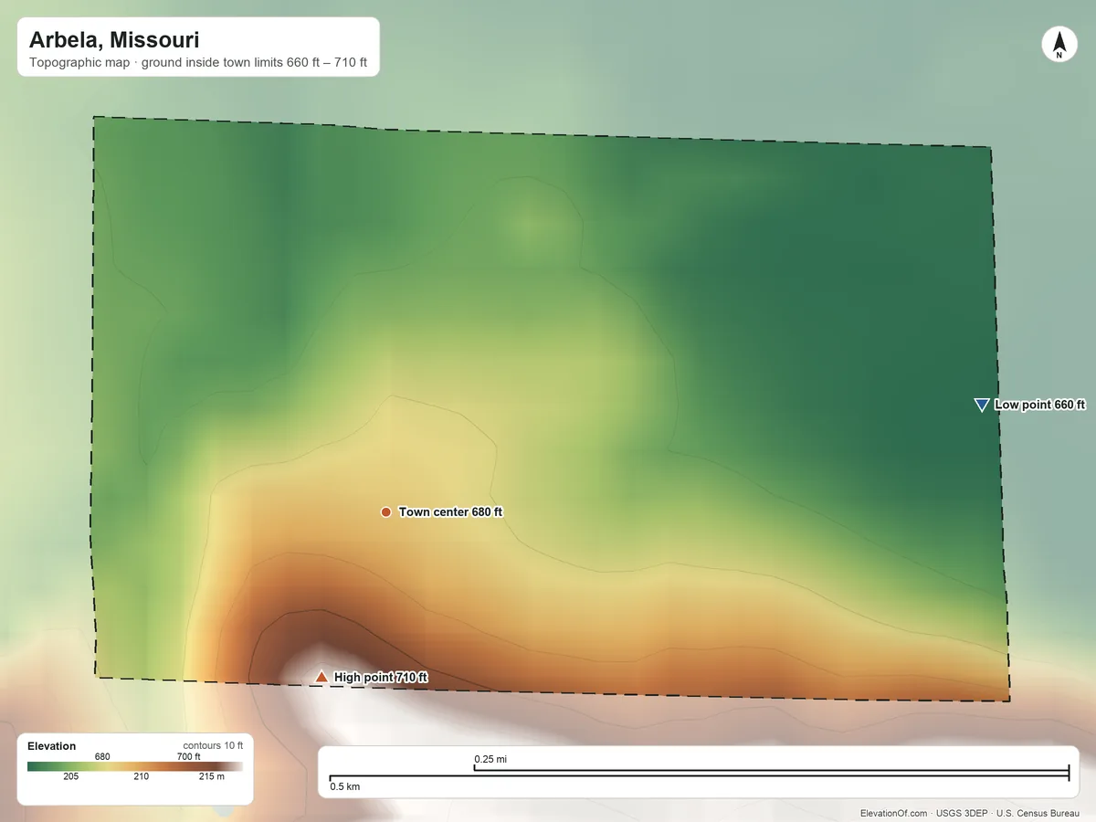 Topographic elevation map of Arbela, Missouri, shaded from 660 ft on the east side to 710 ft on the south side