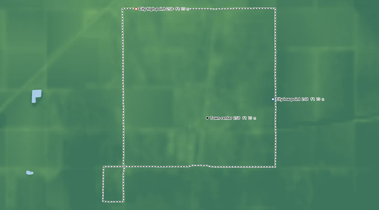 Topographic elevation map of Arbyrd, Missouri, shaded from 240 ft on the east side to 250 ft on the northwest side