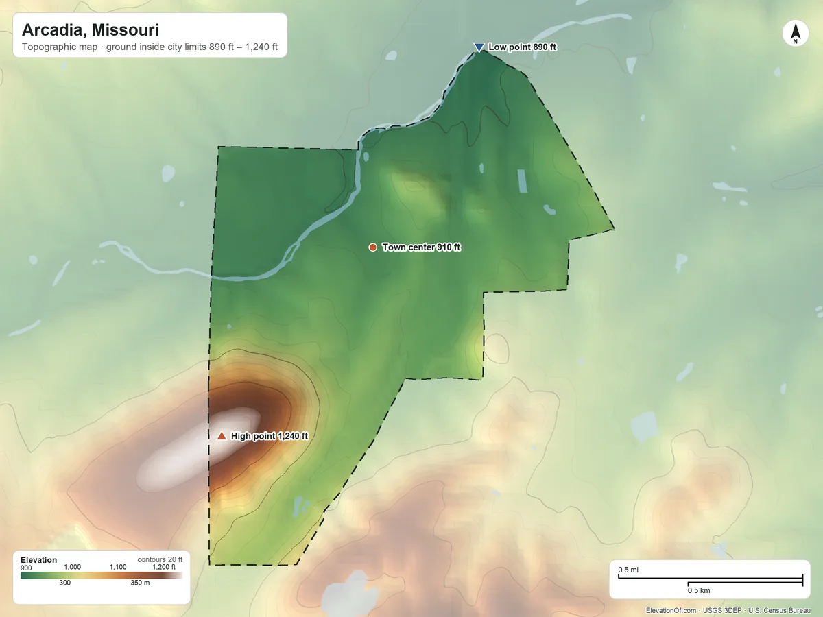 Topographic elevation map of Arcadia, Missouri, shaded from 890 ft on the northeast side to 1,240 ft on College Hill