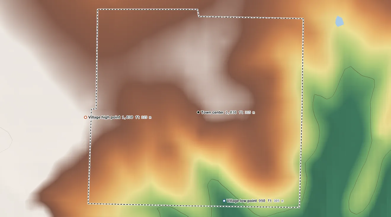 Topographic elevation map of Arcola, Missouri, shaded from 990 ft on the south side to 1,030 ft on the west side