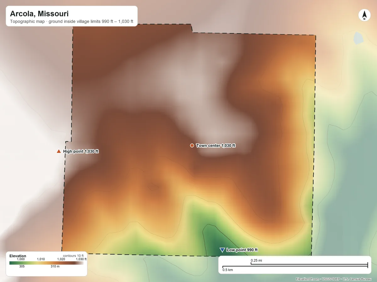 Topographic elevation map of Arcola, Missouri, shaded from 990 ft on the south side to 1,030 ft on the west side