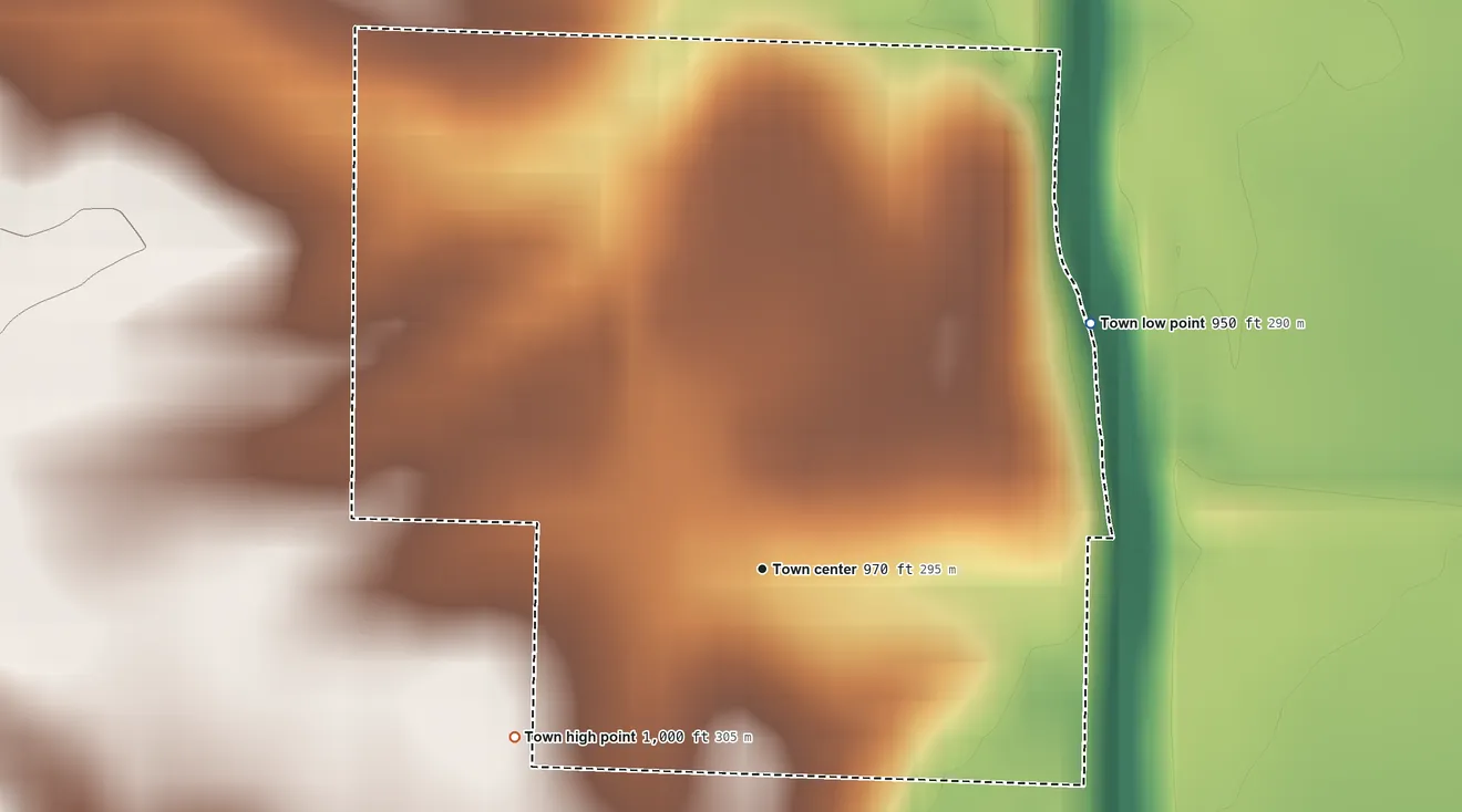 Topographic elevation map of Arkoe, Missouri, shaded from 950 ft on the northeast side to 1,000 ft on the southwest side
