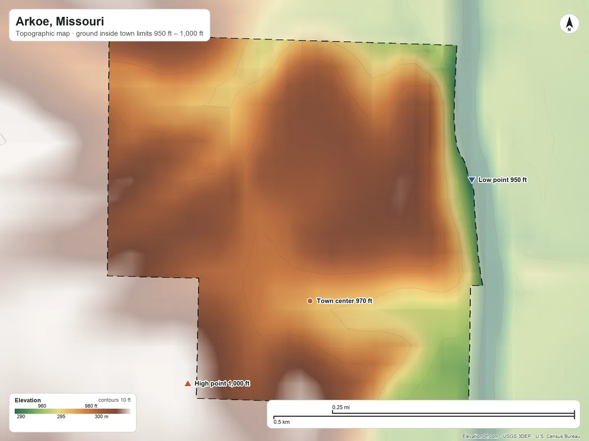 Topographic elevation map of Arkoe, Missouri, shaded from 950 ft on the northeast side to 1,000 ft on the southwest side