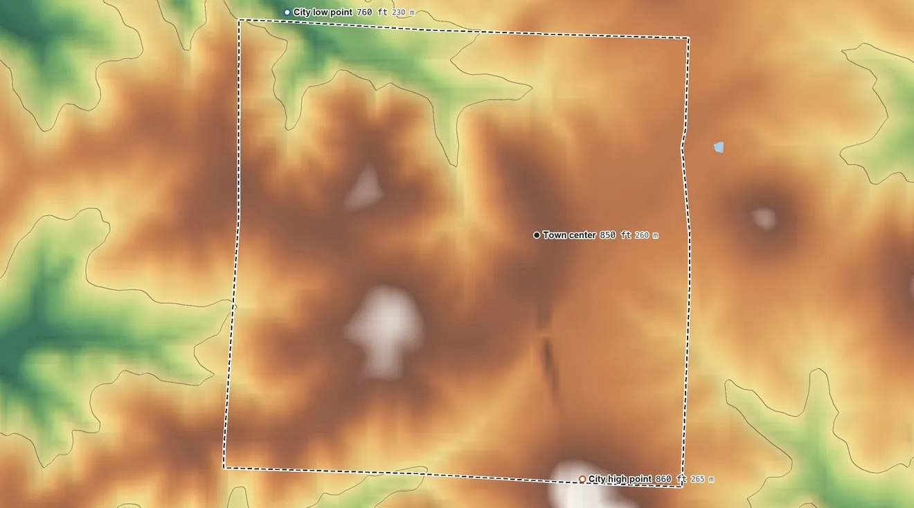 Topographic elevation map of Armstrong, Missouri, shaded from 760 ft on the northwest side to 860 ft on the south side