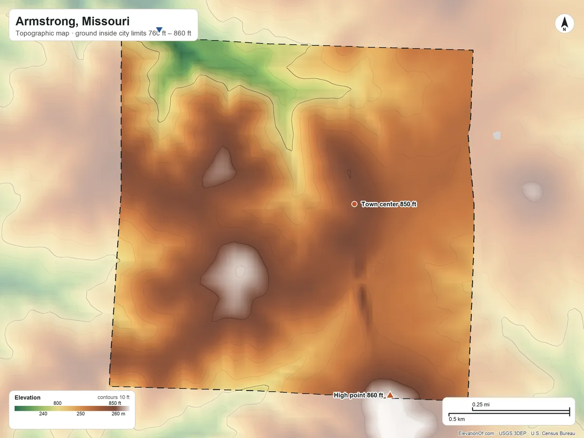Topographic elevation map of Armstrong, Missouri, shaded from 760 ft on the northwest side to 860 ft on the south side