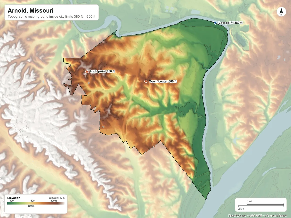 Topographic elevation map of Arnold, Missouri, shaded from 380 ft on the northeast side to 650 ft on the west side