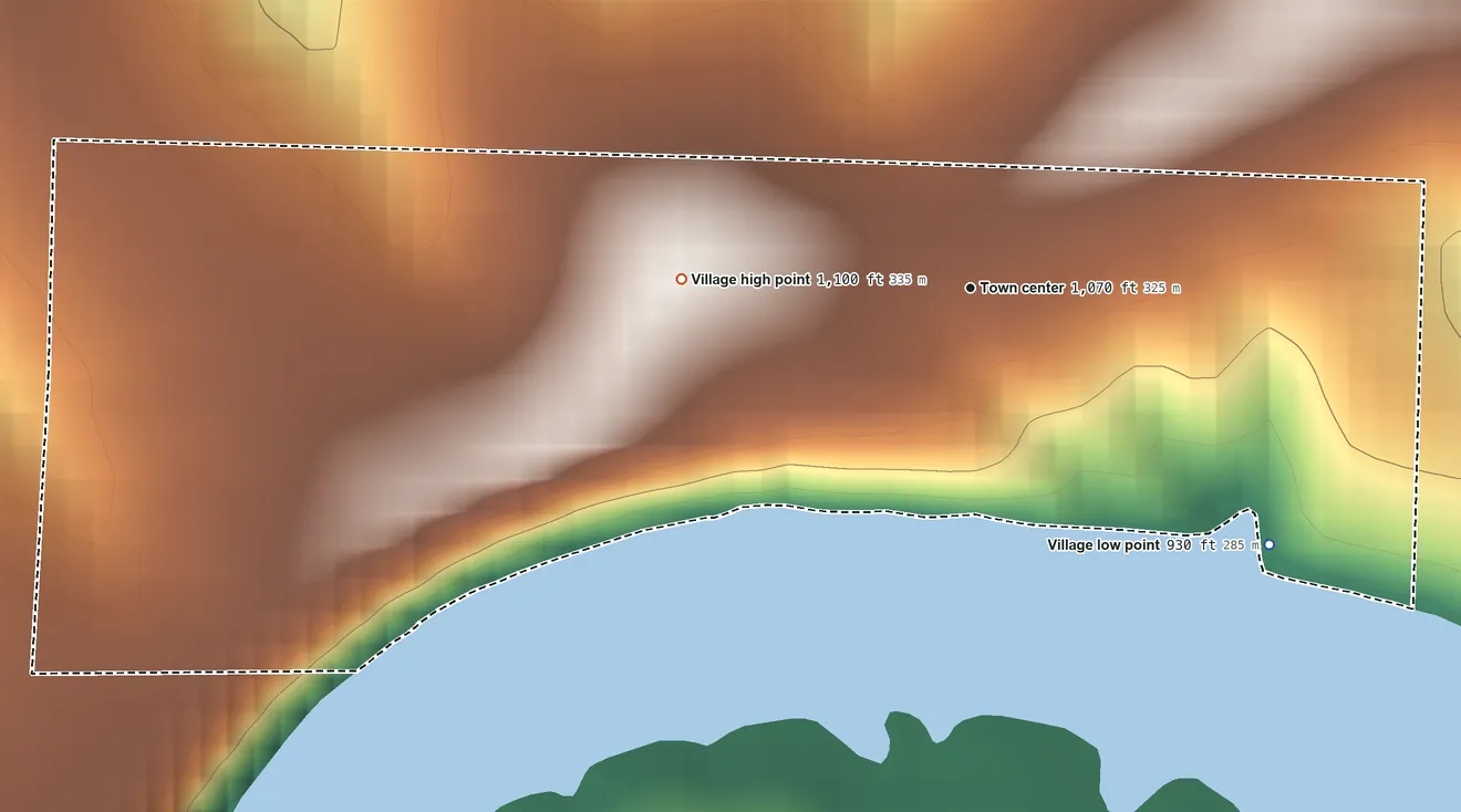Topographic elevation map of Arrow Point, Missouri, shaded from 930 ft on the southeast side to 1,100 ft on the west side
