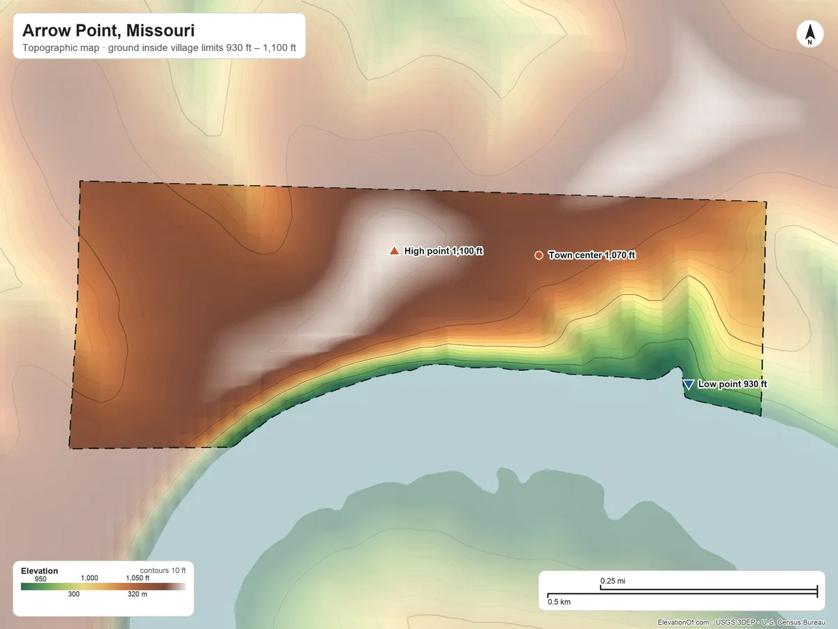 Topographic elevation map of Arrow Point, Missouri, shaded from 930 ft on the southeast side to 1,100 ft on the west side