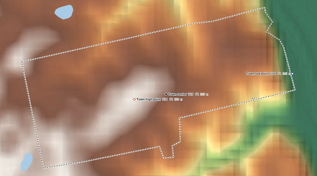Topographic elevation map of Arrow Rock, Missouri, shaded from 600 ft on the east side to 730 ft on the west side