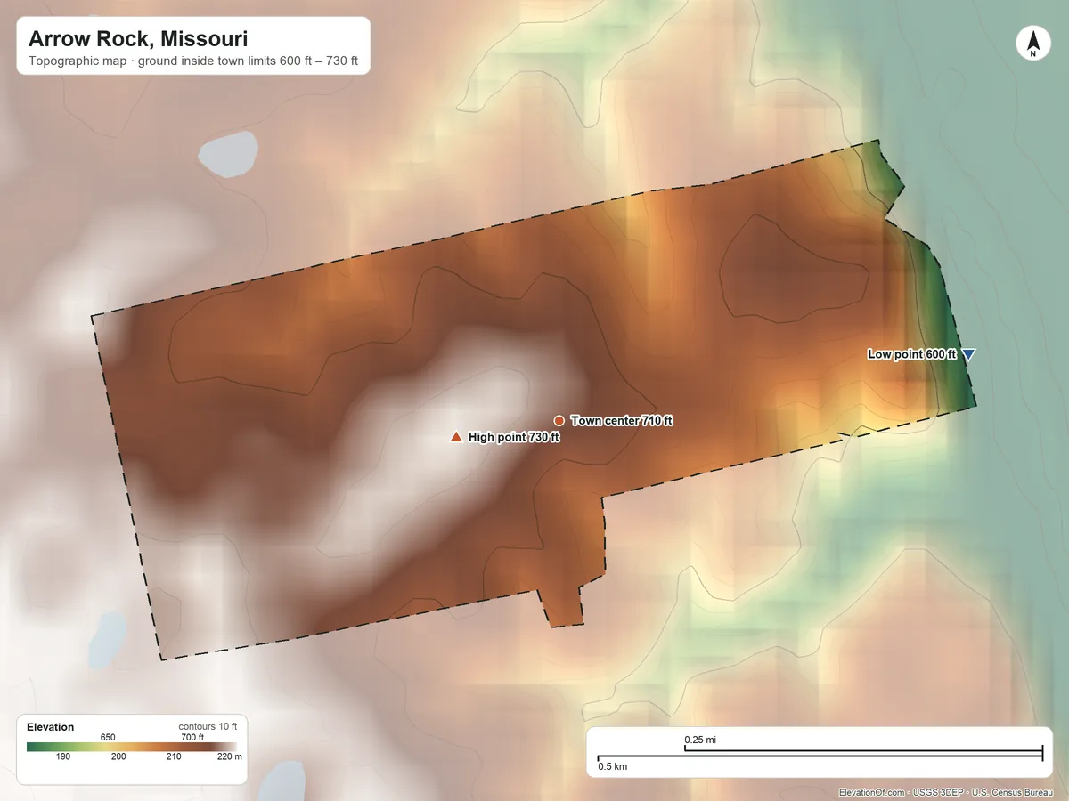 Topographic elevation map of Arrow Rock, Missouri, shaded from 600 ft on the east side to 730 ft on the west side