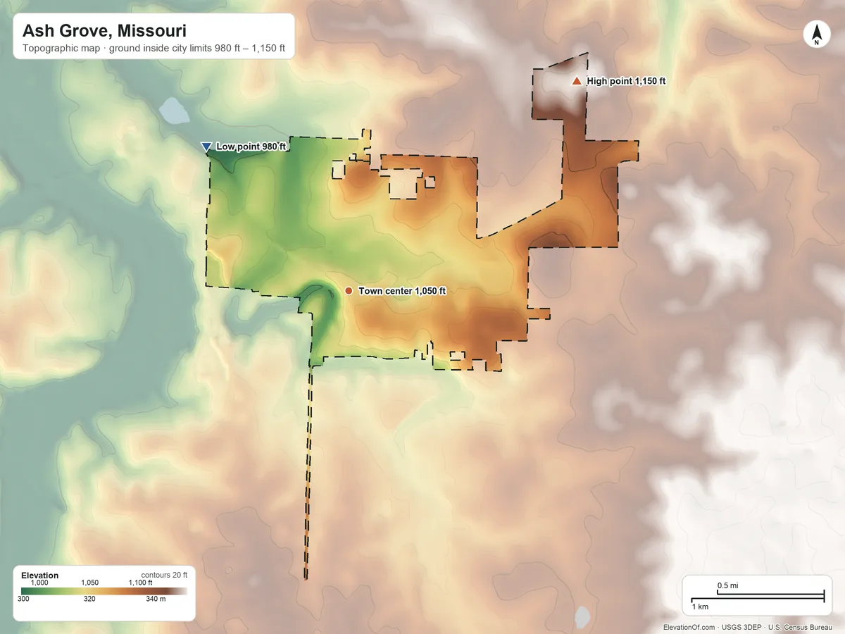 Topographic elevation map of Ash Grove, Missouri, shaded from 980 ft on the northwest side to 1,150 ft on the northeast side