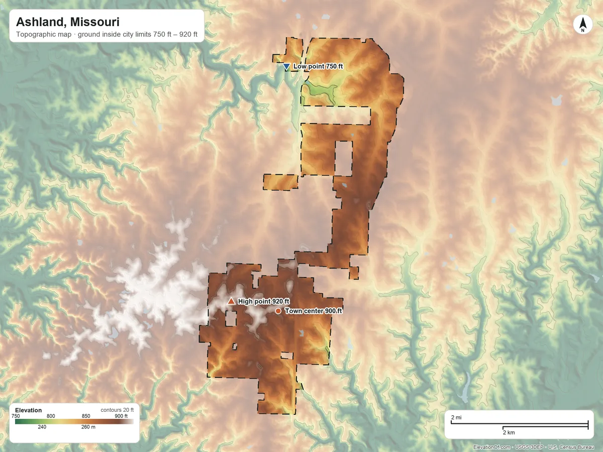 Topographic elevation map of Ashland, Missouri, shaded from 750 ft on the north side to 920 ft on the west side