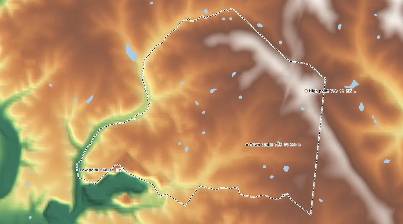 Topographic elevation map of Ashley, Missouri, shaded from 640 ft on the west side to 770 ft on the northeast side