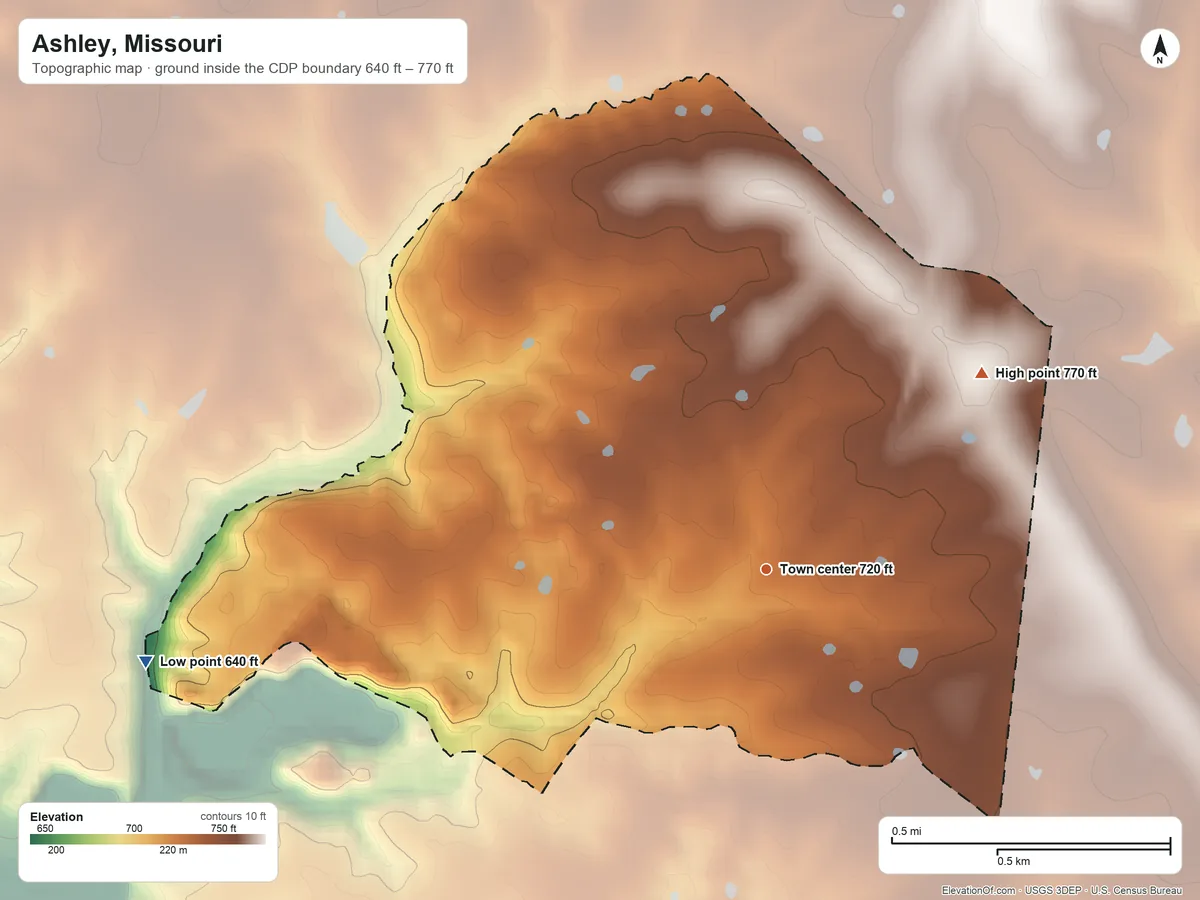 Topographic elevation map of Ashley, Missouri, shaded from 640 ft on the west side to 770 ft on the northeast side
