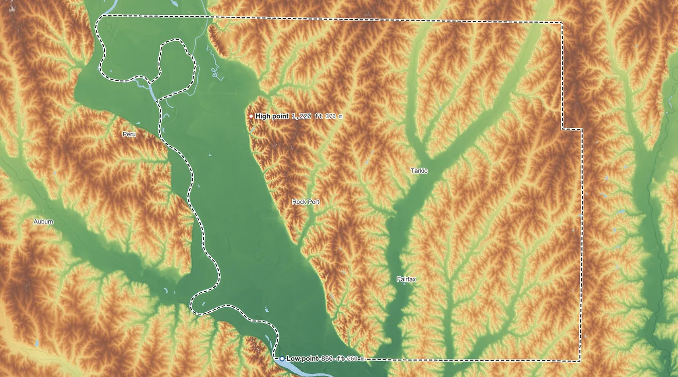 Topographic elevation map of Atchison County, Missouri, shaded from 860 ft on the south side to 1,220 ft on the northwest side