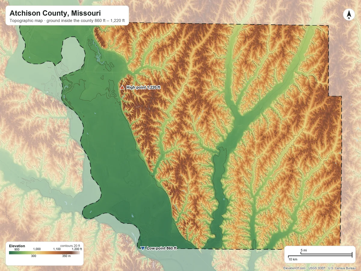 Topographic elevation map of Atchison County, Missouri, shaded from 860 ft on the south side to 1,220 ft on the northwest side