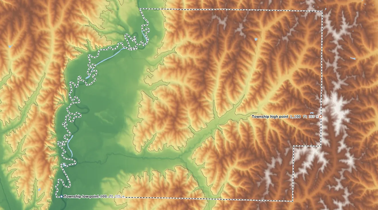 Topographic elevation map of Atchison Township, Missouri, shaded from 900 ft on the southwest side to 1,200 ft on the east side
